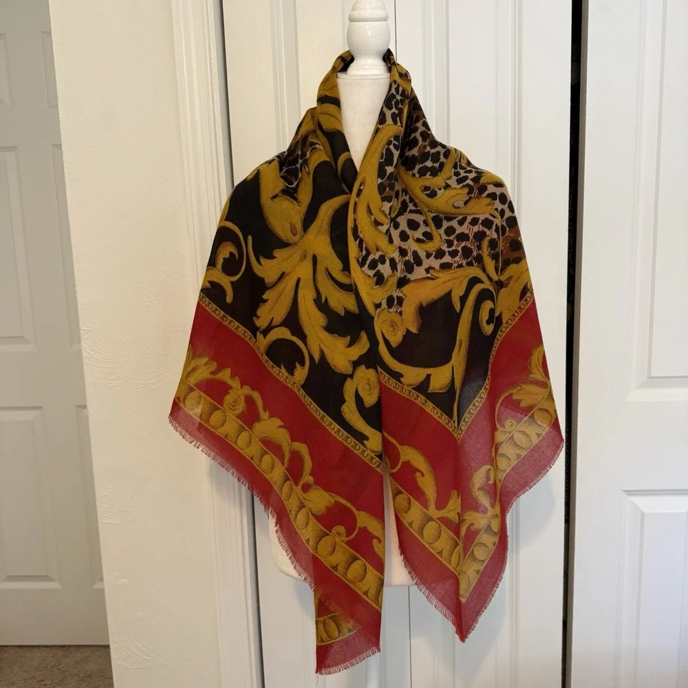 Vintage Domani Square Scarf Red Black Mustard Floral 46